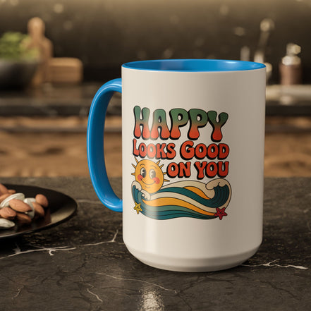 Retro 'Happy Looks Good on You' Colorful Ceramic Mug (11oz & 15oz)