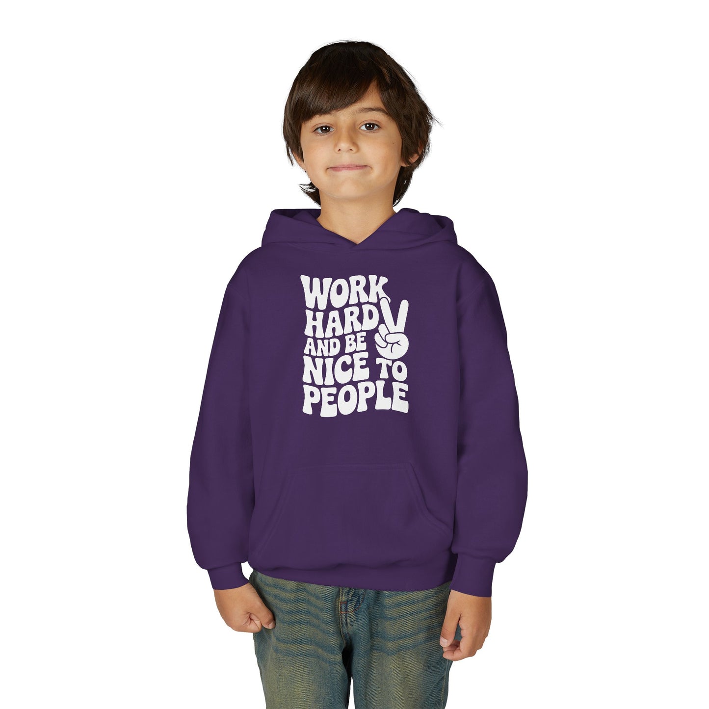 Youth Hoodie — "Work Hard And Be Nice to People" Motivational Graphic