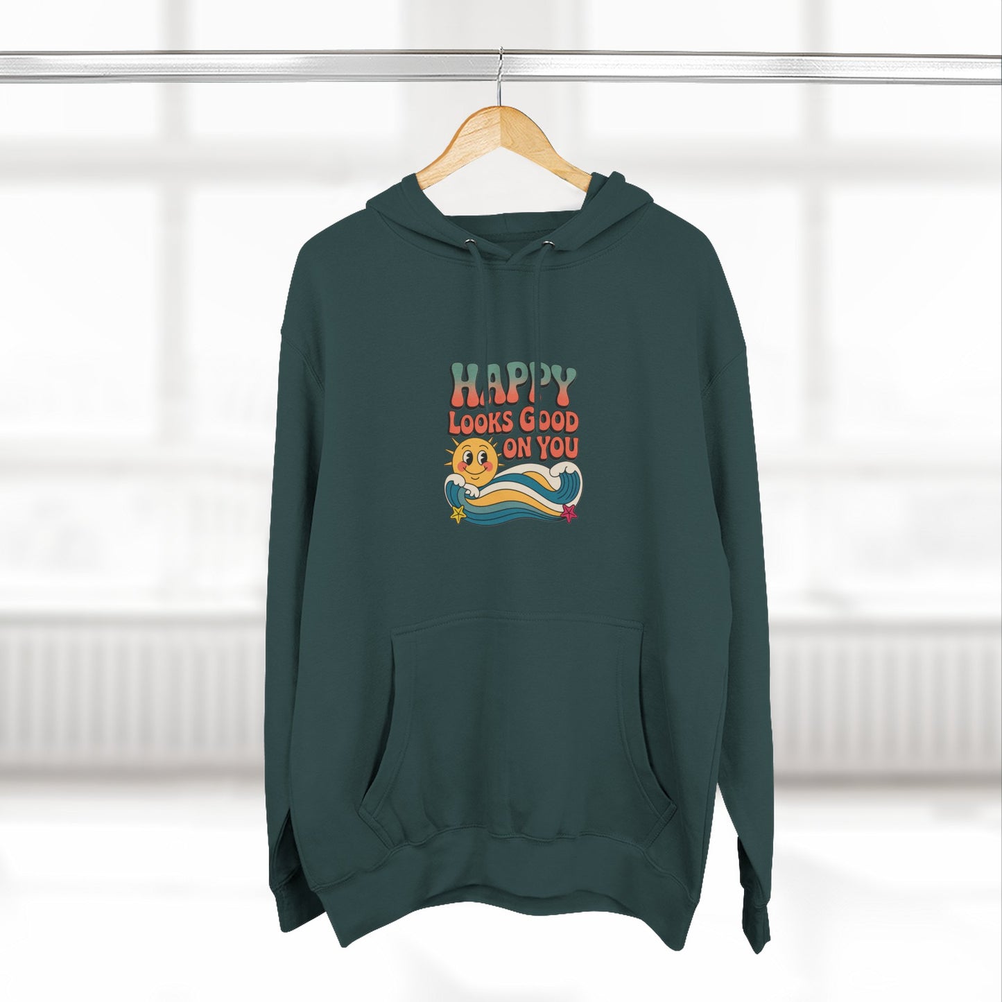 Happy Looks Good On You Hoodie — Retro Smiley Graphic Fleece Pullover