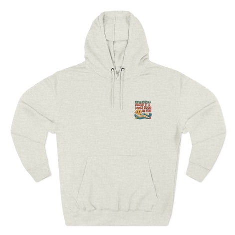 Happy Looks Good On You Hoodie — Retro Smiley Graphic Fleece Pullover
