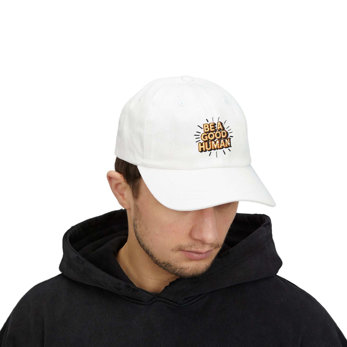 "Be A Good Human" Embroidered White Baseball Hat
