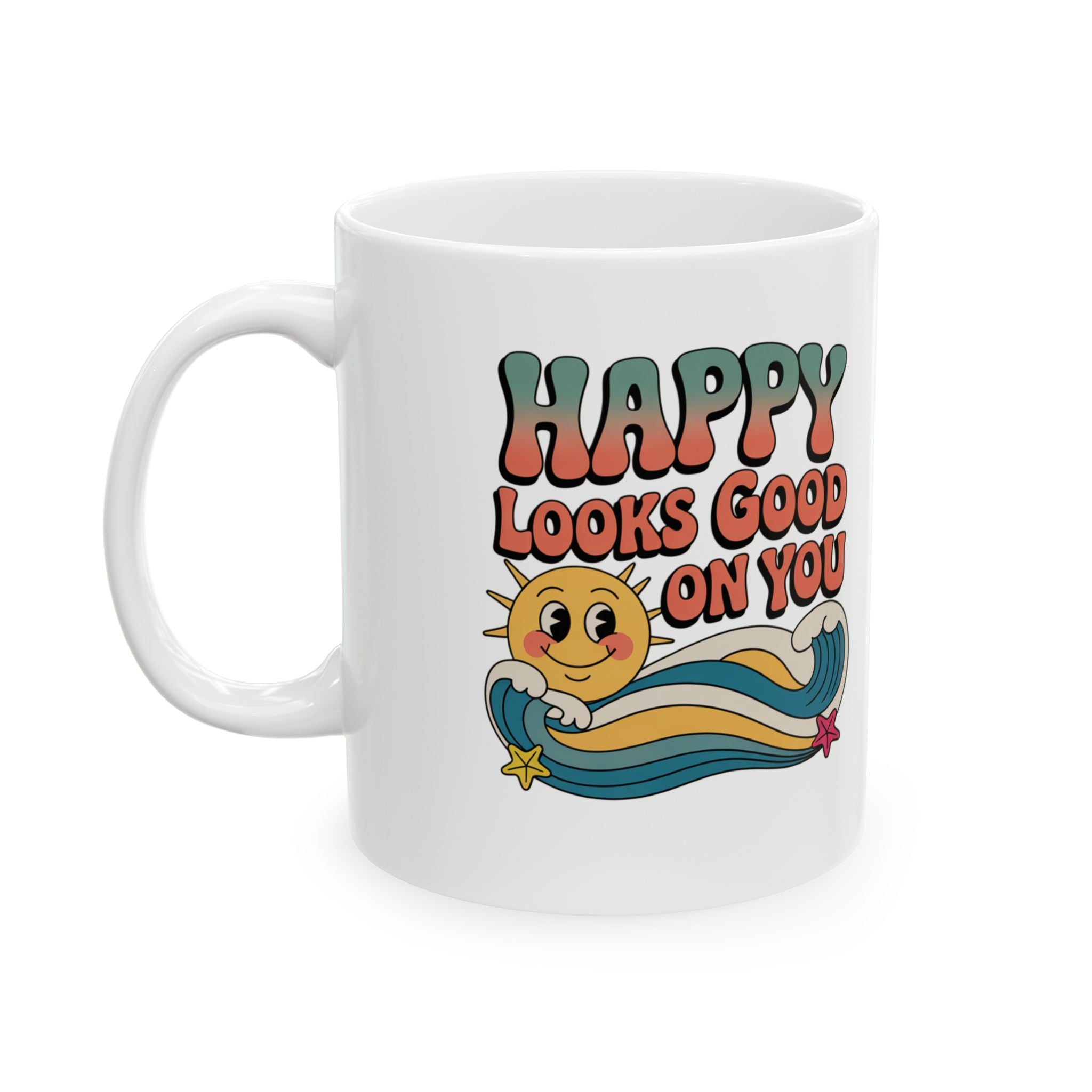 Retro 'Happy Looks Good on You' Ceramic Mug – 11oz & 15oz
