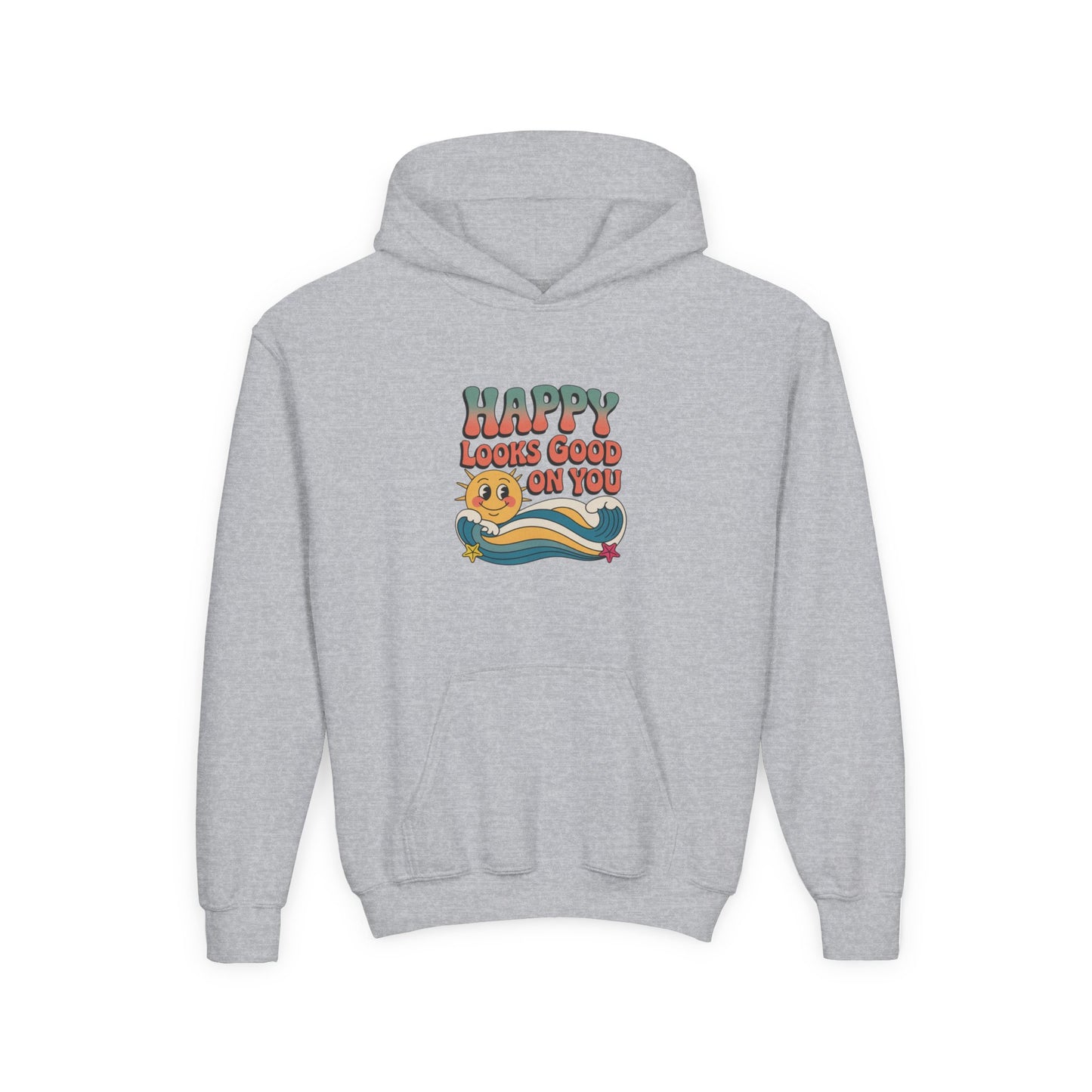 Youth Hoodie — "Happy Looks Good on You" Retro Sunburst Graphic