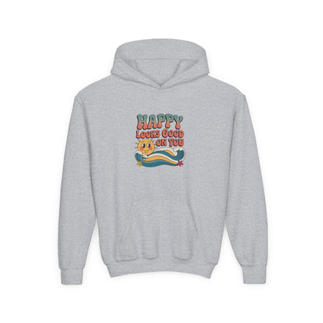 Youth Hoodie — "Happy Looks Good on You" Retro Sunburst Graphic