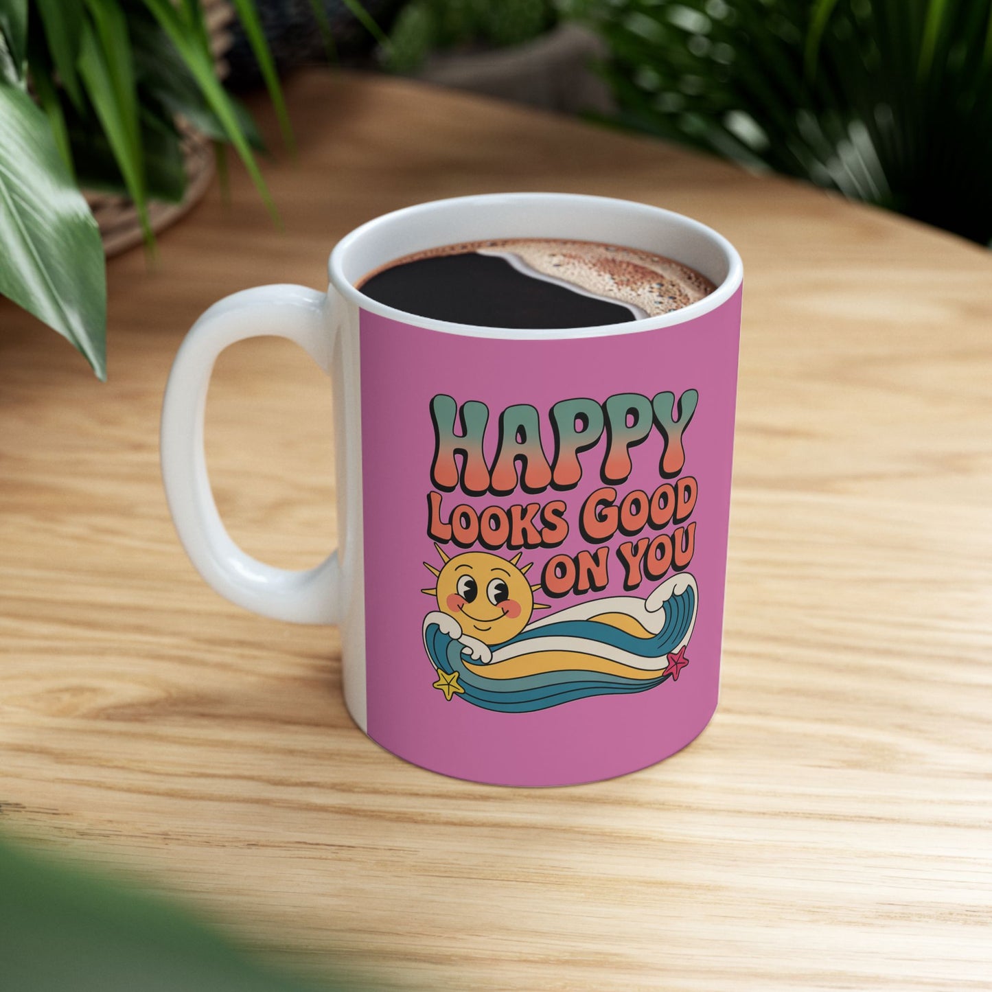 Retro 'Happy Looks Good on You' Ceramic Mug – 11oz & 15oz