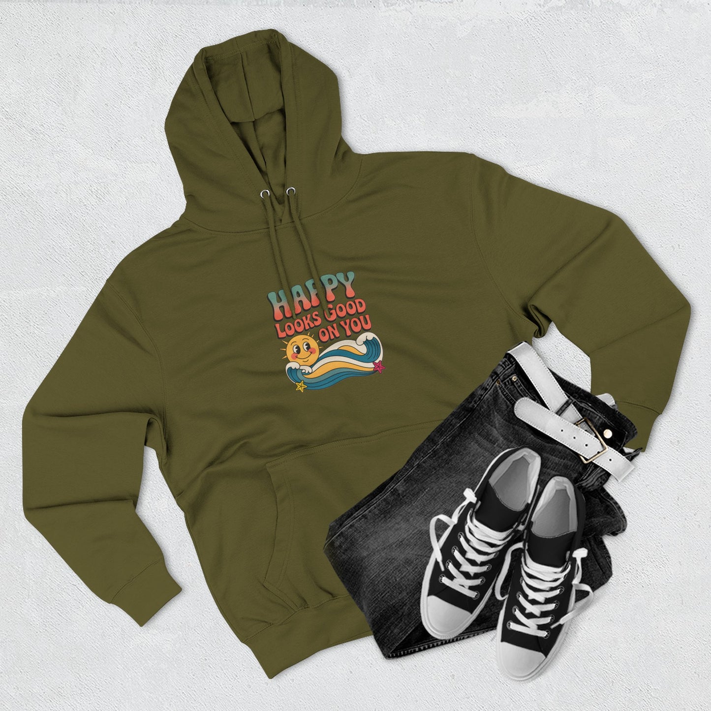 Happy Looks Good On You Hoodie — Retro Smiley Graphic Fleece Pullover