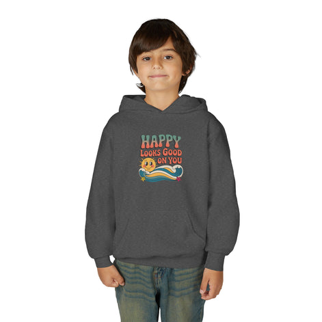 Youth Hoodie — "Happy Looks Good on You" Retro Sunburst Graphic