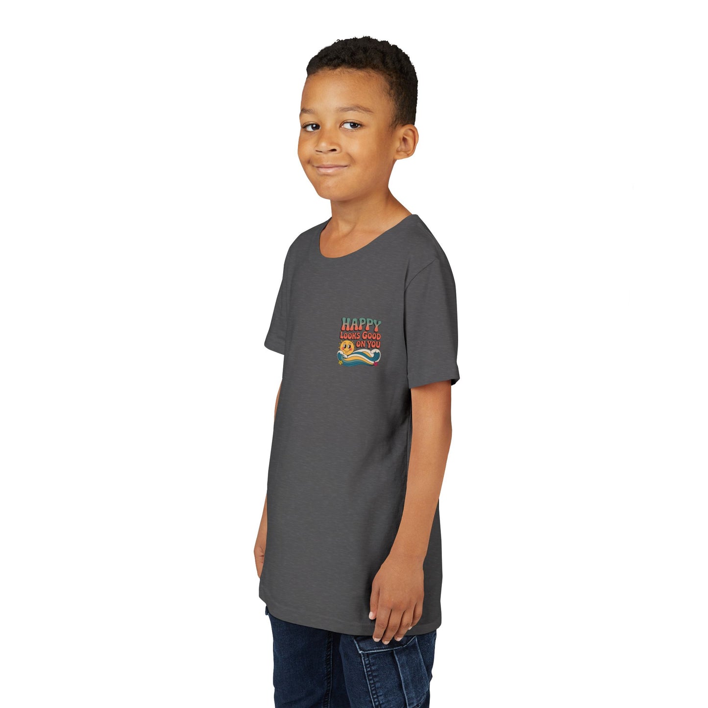 Youth Tee — "Happy Looks Good On You" Retro Sunshine Kids Shirt
