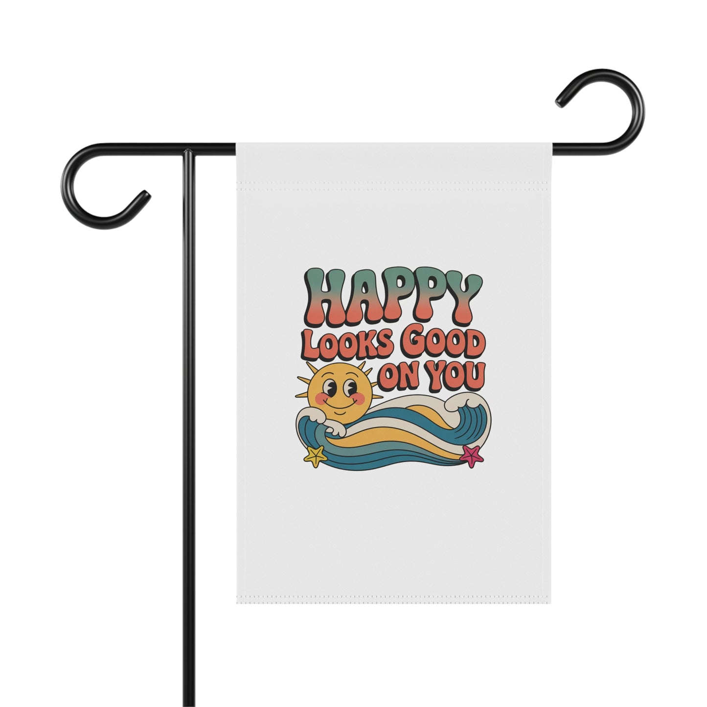 Happy Looks Good On You Garden Flag — Retro Sun & Waves House Banner