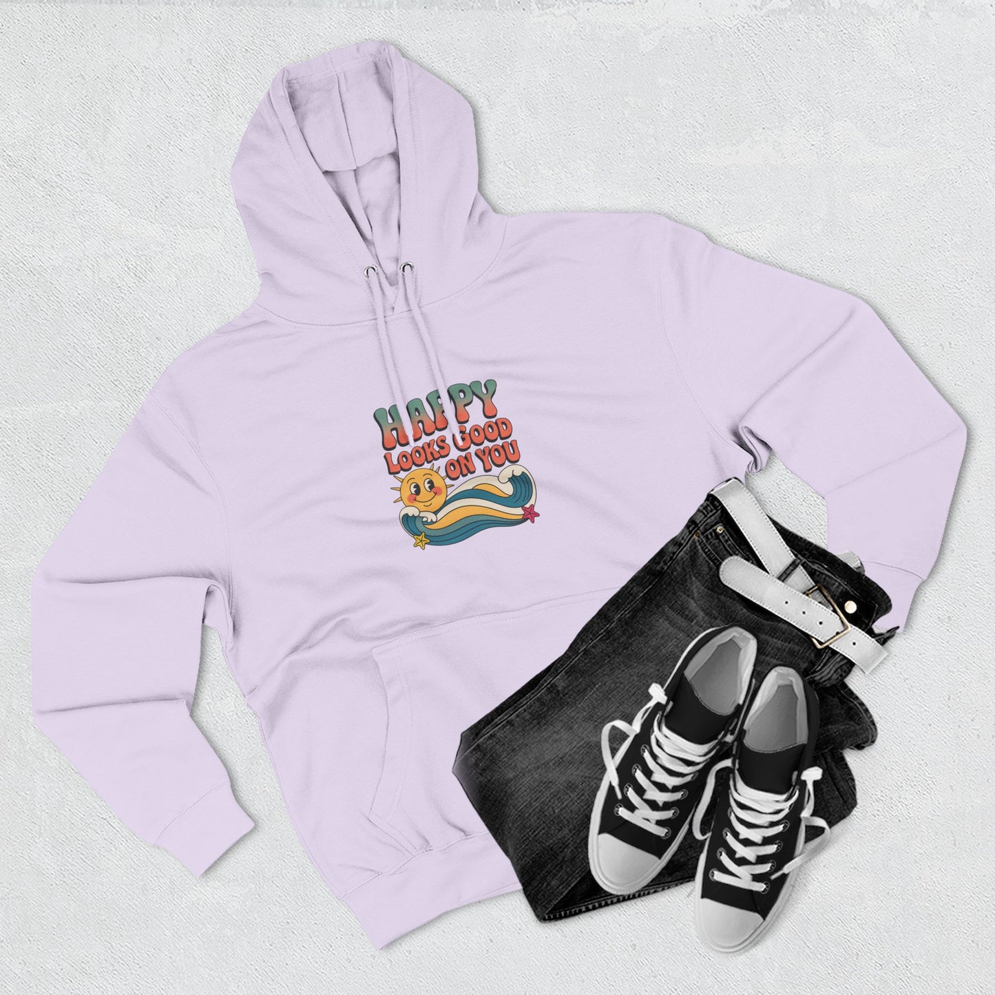 Happy Looks Good On You Hoodie — Retro Smiley Graphic Fleece Pullover