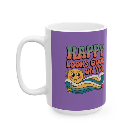 Retro 'Happy Looks Good on You' Ceramic Mug – 11oz & 15oz
