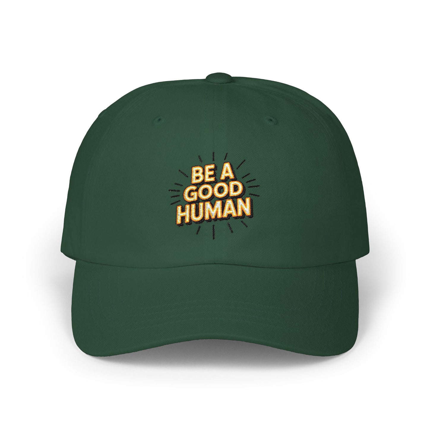 "Be A Good Human" Embroidered White Baseball Hat