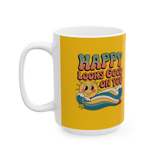 Retro 'Happy Looks Good on You' Ceramic Mug – 11oz & 15oz