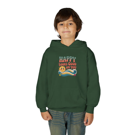 Youth Hoodie — "Happy Looks Good on You" Retro Sunburst Graphic