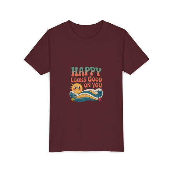 Youth Tee — "Happy Looks Good On You" Retro Sunshine Kids Shirt