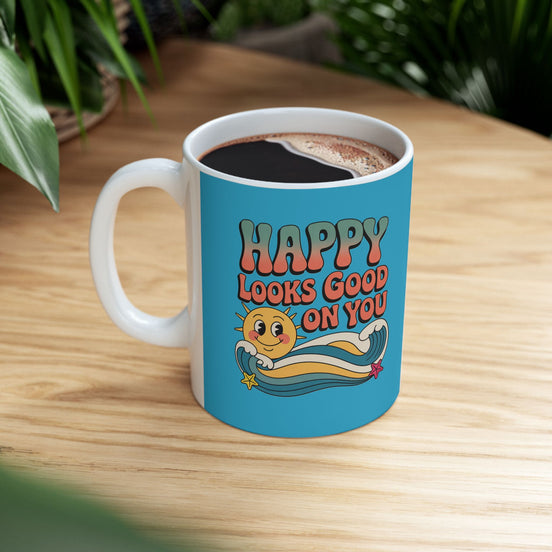 Retro 'Happy Looks Good on You' Ceramic Mug – 11oz & 15oz