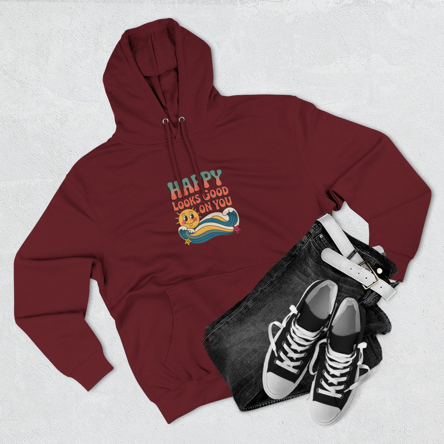 Happy Looks Good On You Hoodie — Retro Smiley Graphic Fleece Pullover
