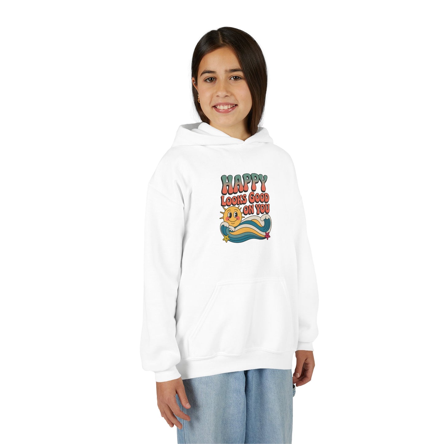 Youth Hoodie — "Happy Looks Good on You" Retro Sunburst Graphic