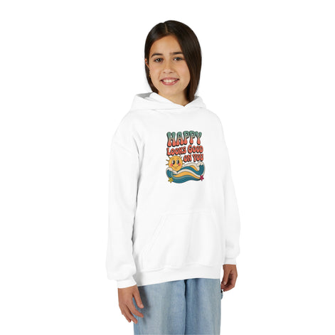 Youth Hoodie — "Happy Looks Good on You" Retro Sunburst Graphic