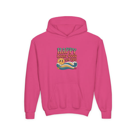 Youth Hoodie — "Happy Looks Good on You" Retro Sunburst Graphic
