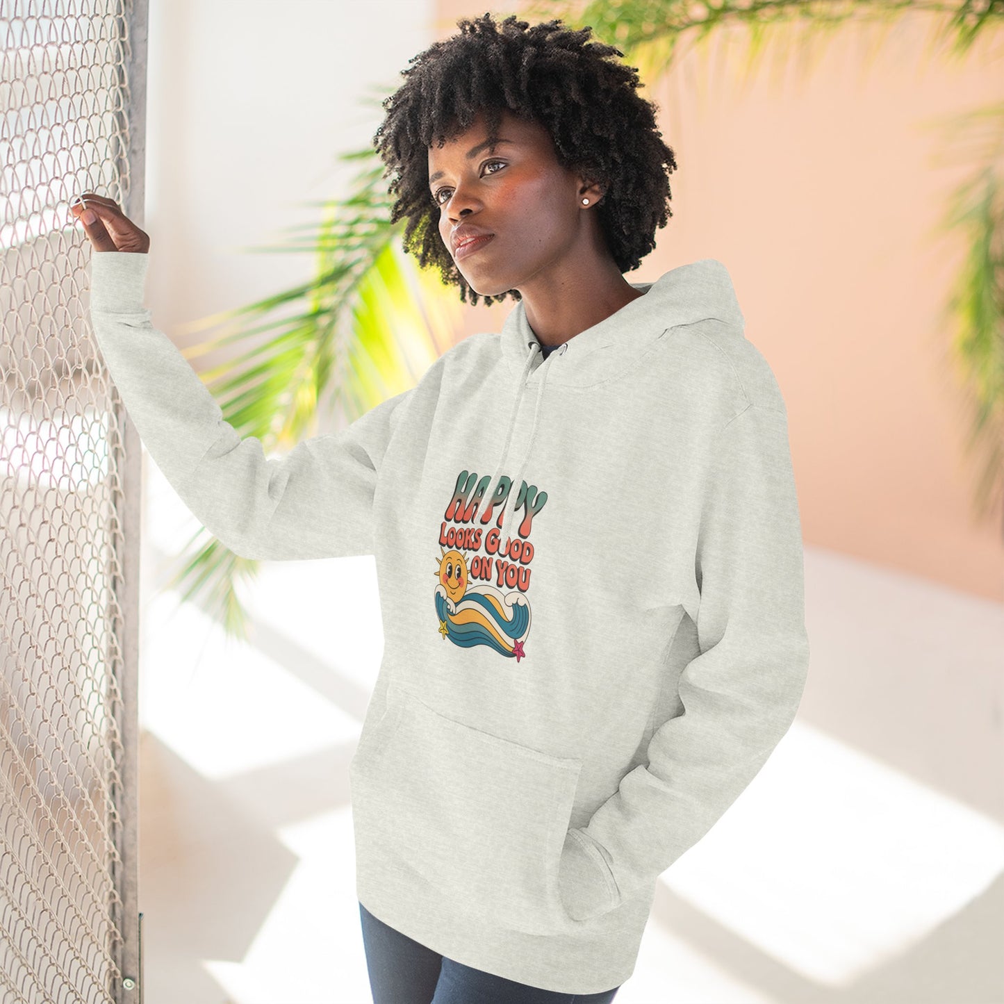 Happy Looks Good On You Hoodie — Retro Smiley Graphic Fleece Pullover
