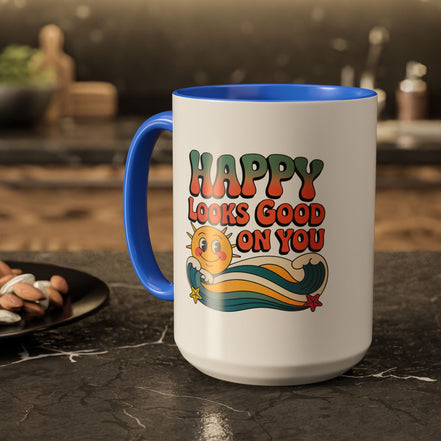 Retro 'Happy Looks Good on You' Colorful Ceramic Mug (11oz & 15oz)