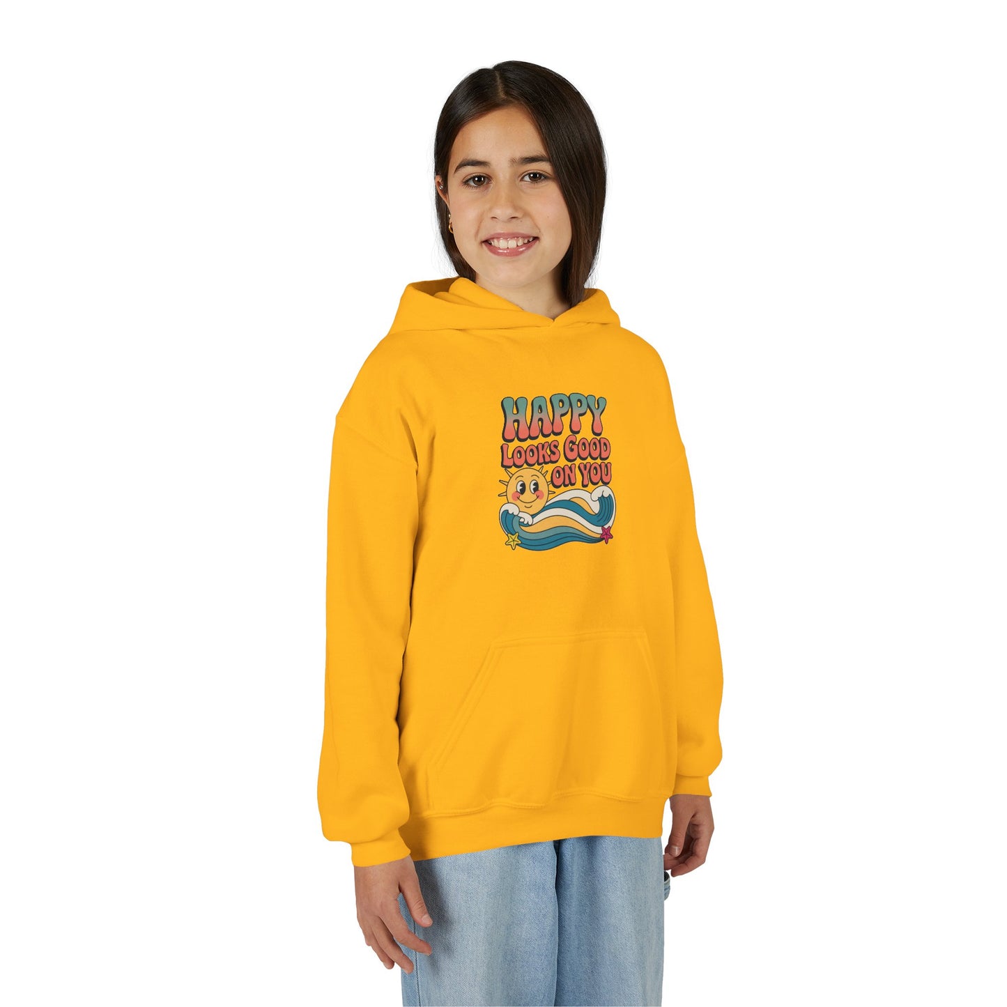 Youth Hoodie — "Happy Looks Good on You" Retro Sunburst Graphic