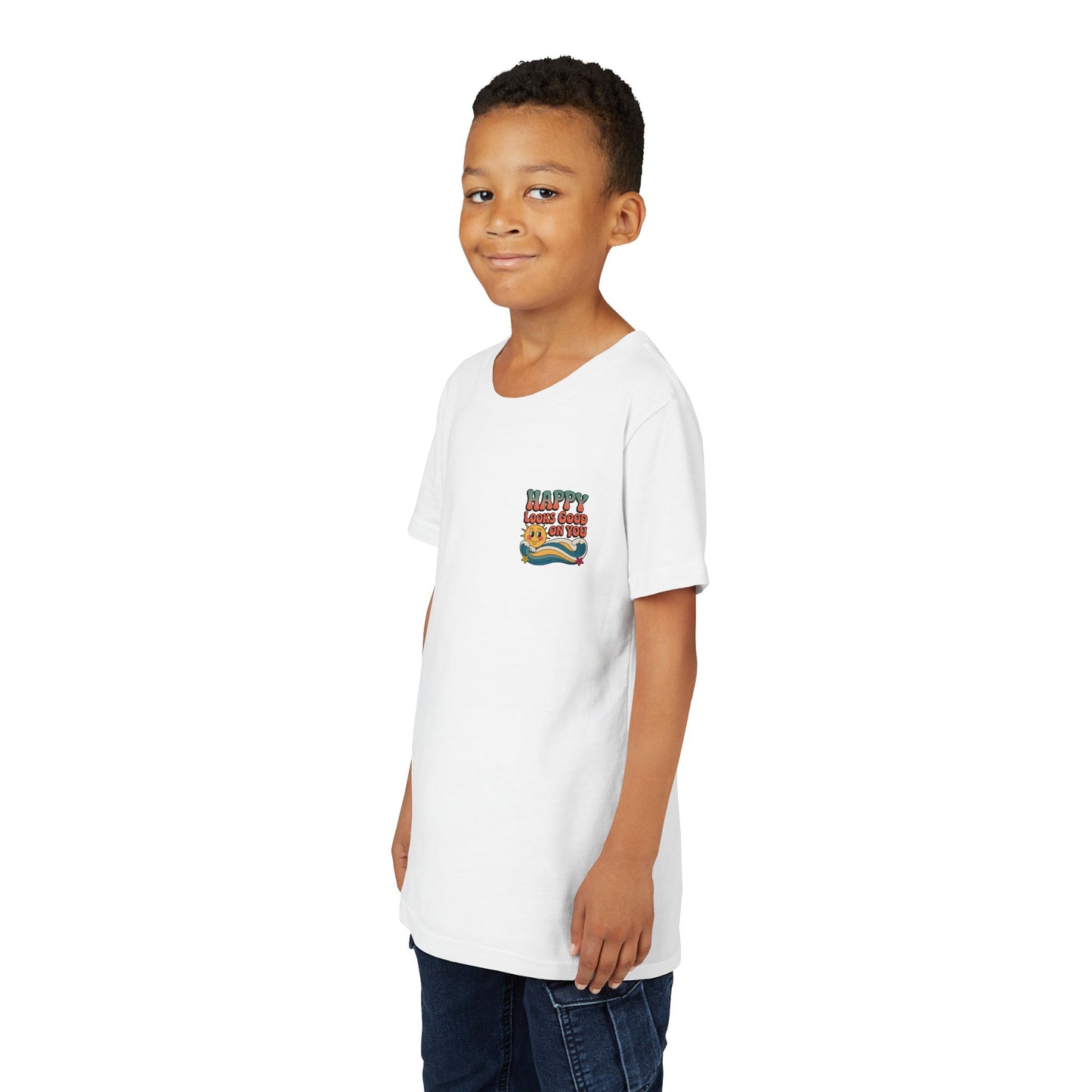 Youth Tee — "Happy Looks Good On You" Retro Sunshine Kids Shirt