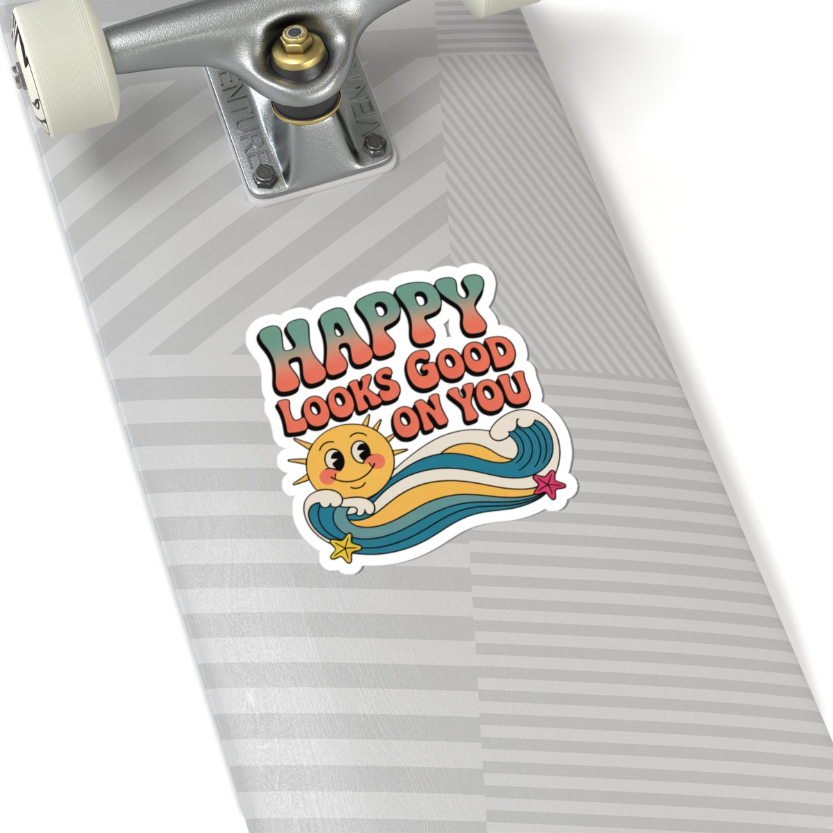 Happy Looks Good On You Sticker — Retro Sun & Wave Positive Affirmation Kiss-Cut Sticker