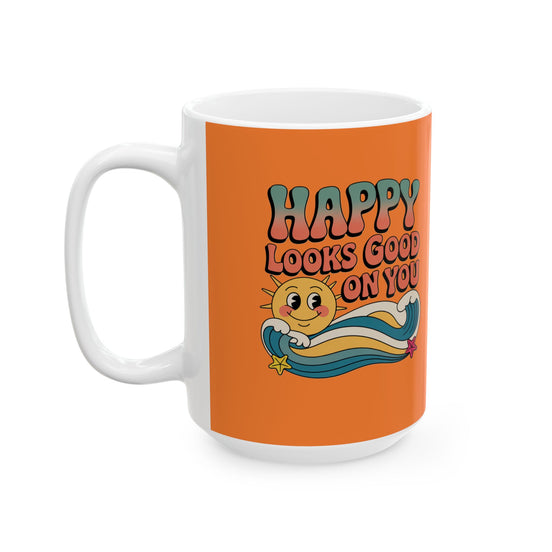 Retro 'Happy Looks Good on You' Ceramic Mug – 11oz & 15oz