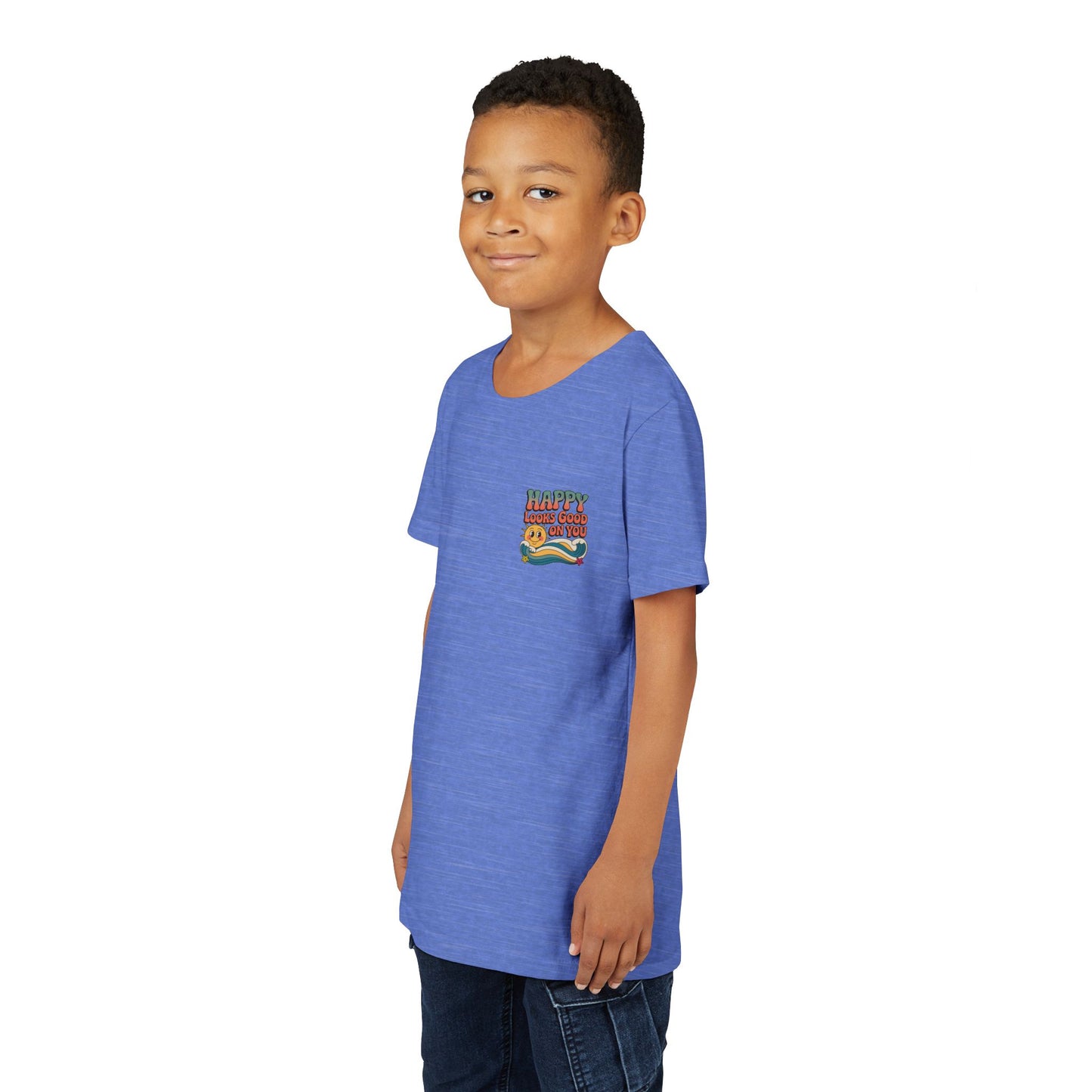 Youth Tee — "Happy Looks Good On You" Retro Sunshine Kids Shirt