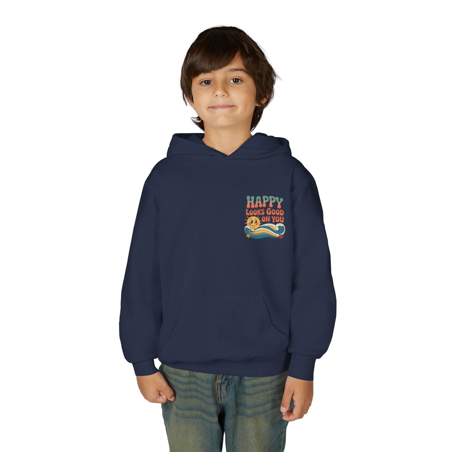 Youth Hoodie — "Happy Looks Good on You" Retro Sunburst Graphic