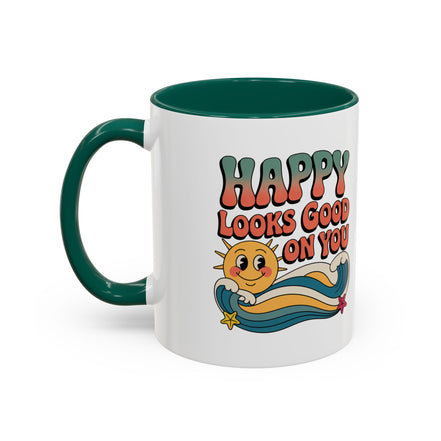 Retro 'Happy Looks Good on You' Colorful Ceramic Mug (11oz & 15oz)