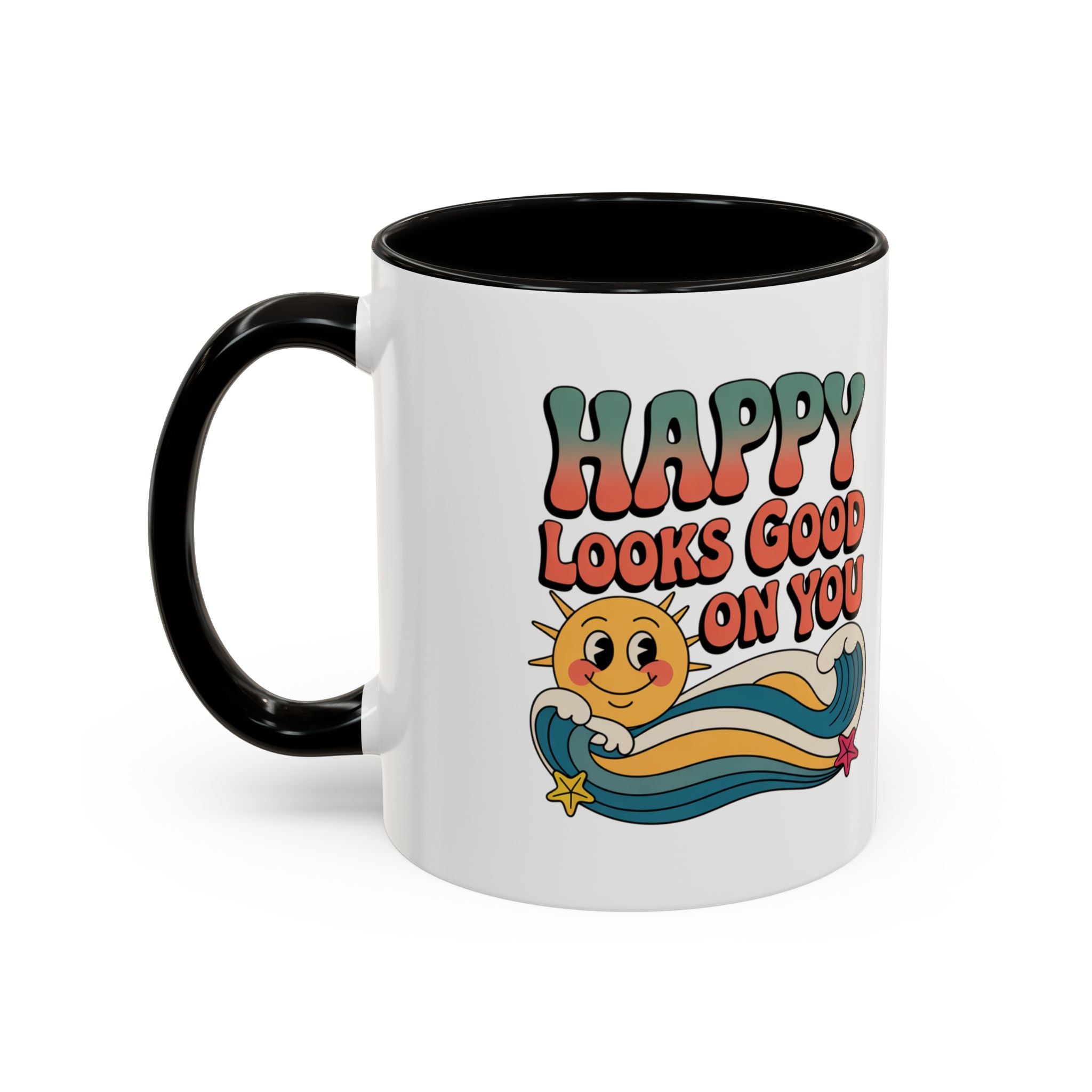 Retro 'Happy Looks Good on You' Colorful Ceramic Mug (11oz & 15oz)