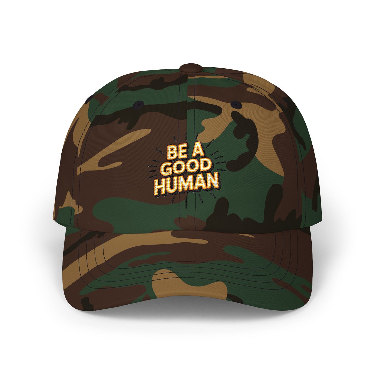 "Be A Good Human" Embroidered White Baseball Hat