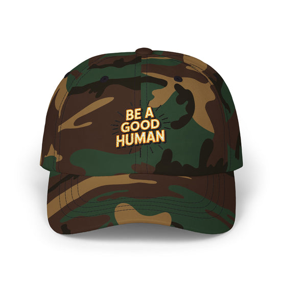 "Be A Good Human" Embroidered White Baseball Hat