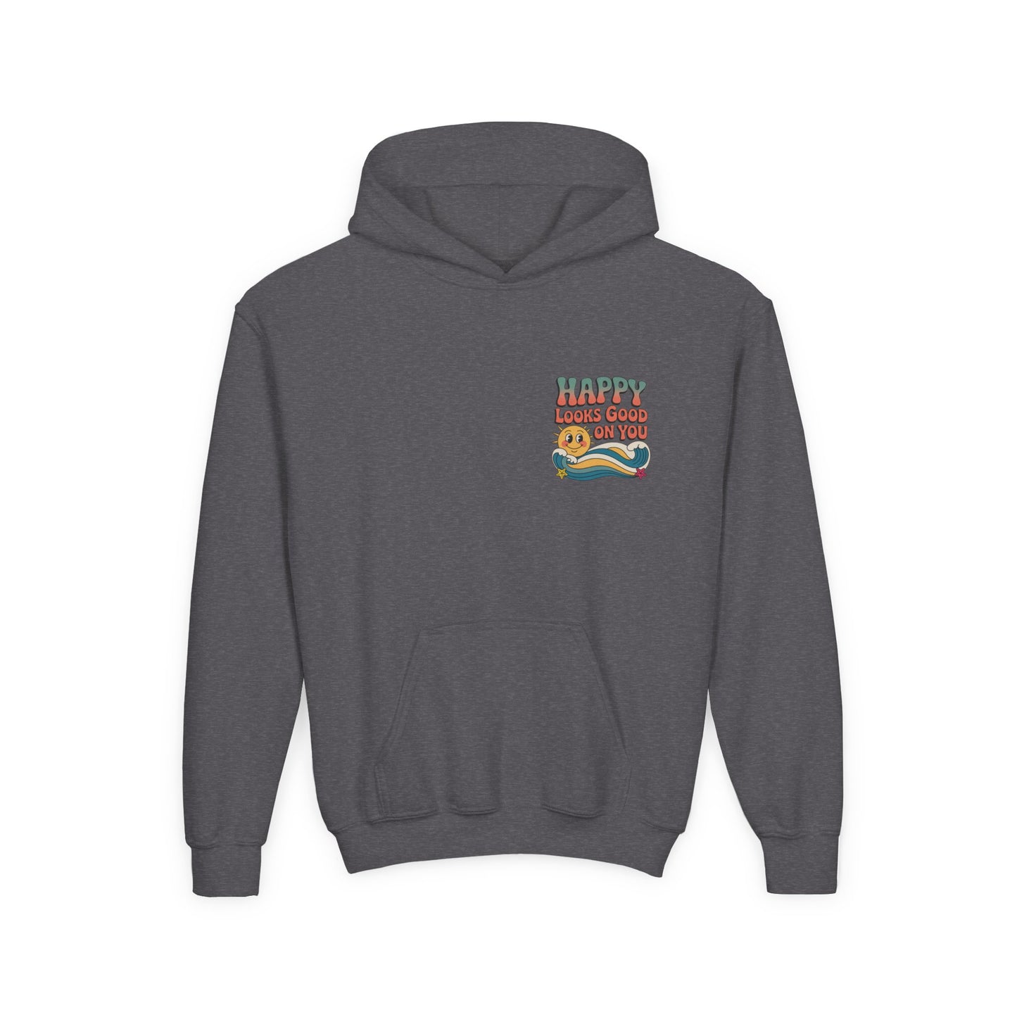 Youth Hoodie — "Happy Looks Good on You" Retro Sunburst Graphic