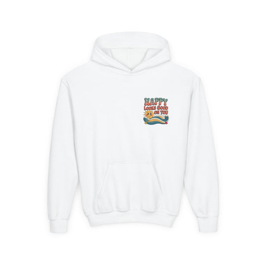 Youth Hoodie — "Happy Looks Good on You" Retro Sunburst Graphic