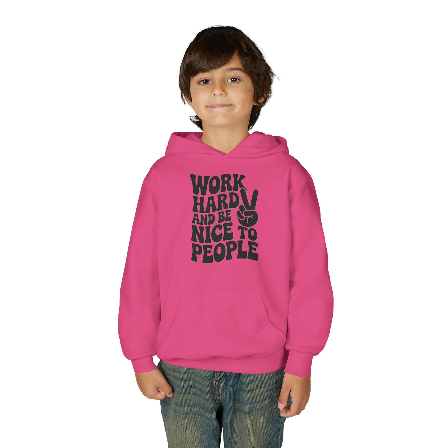 Youth Hoodie — "Work Hard And Be Nice to People" Motivational Graphic