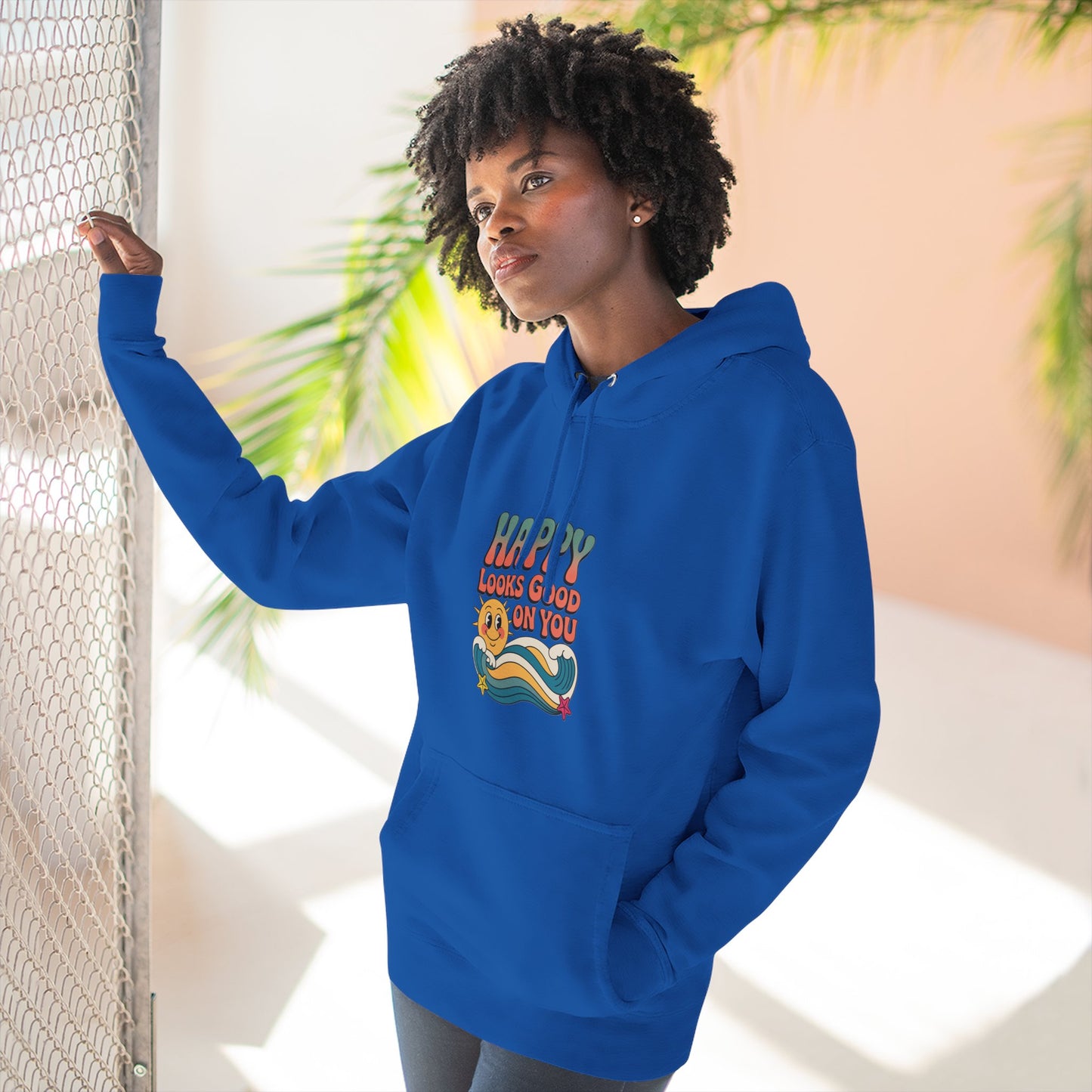 Happy Looks Good On You Hoodie — Retro Smiley Graphic Fleece Pullover