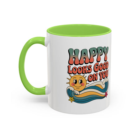 Retro 'Happy Looks Good on You' Colorful Ceramic Mug (11oz & 15oz)