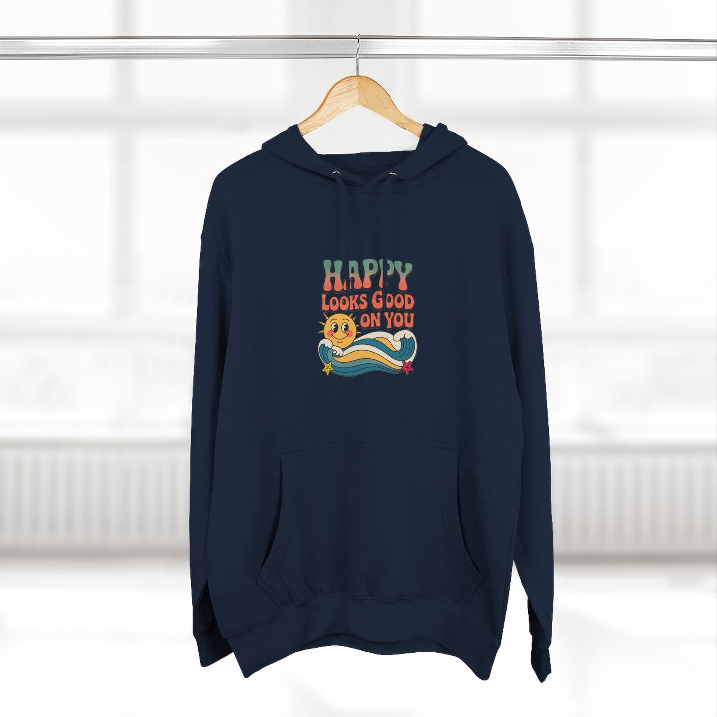 Happy Looks Good On You Hoodie — Retro Smiley Graphic Fleece Pullover