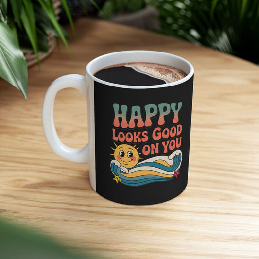 Retro 'Happy Looks Good on You' Ceramic Mug – 11oz & 15oz