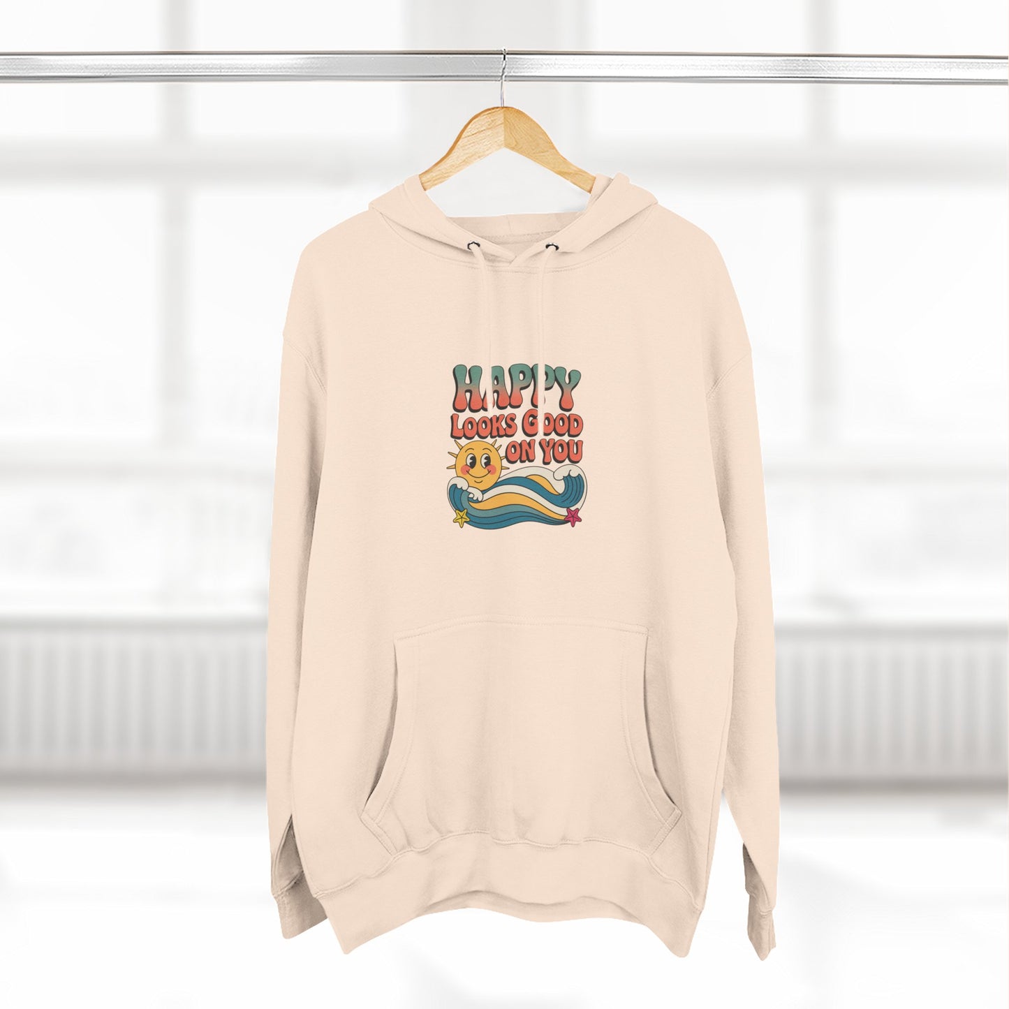 Happy Looks Good On You Hoodie — Retro Smiley Graphic Fleece Pullover