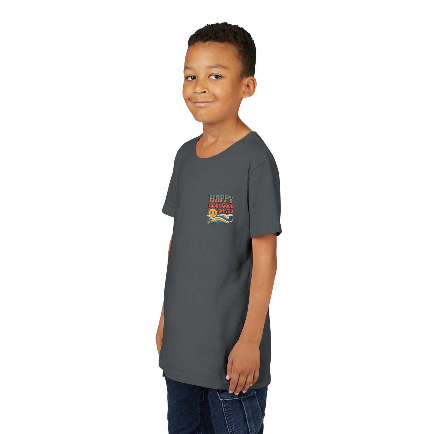 Youth Tee — "Happy Looks Good On You" Retro Sunshine Kids Shirt