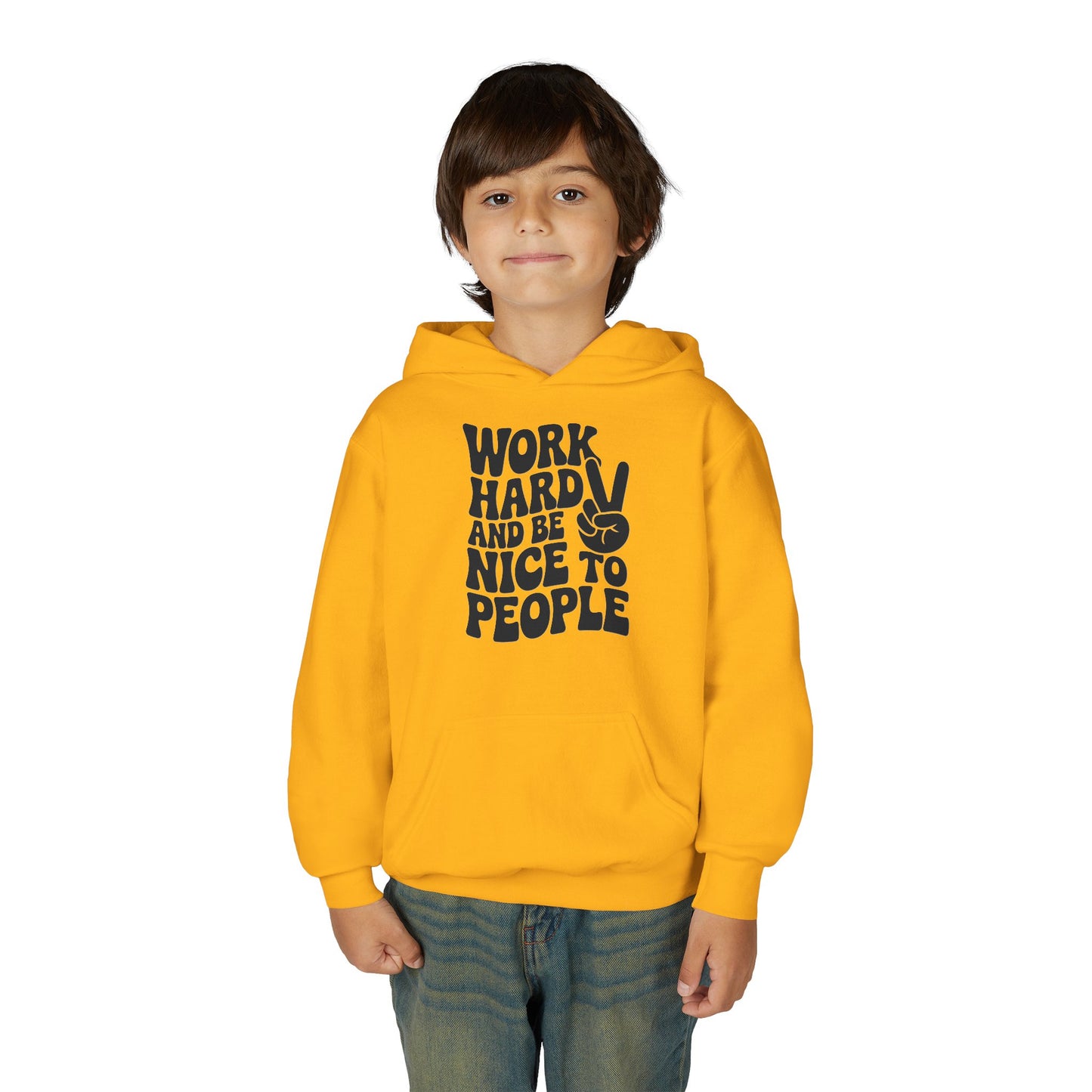 Youth Hoodie — "Work Hard And Be Nice to People" Motivational Graphic