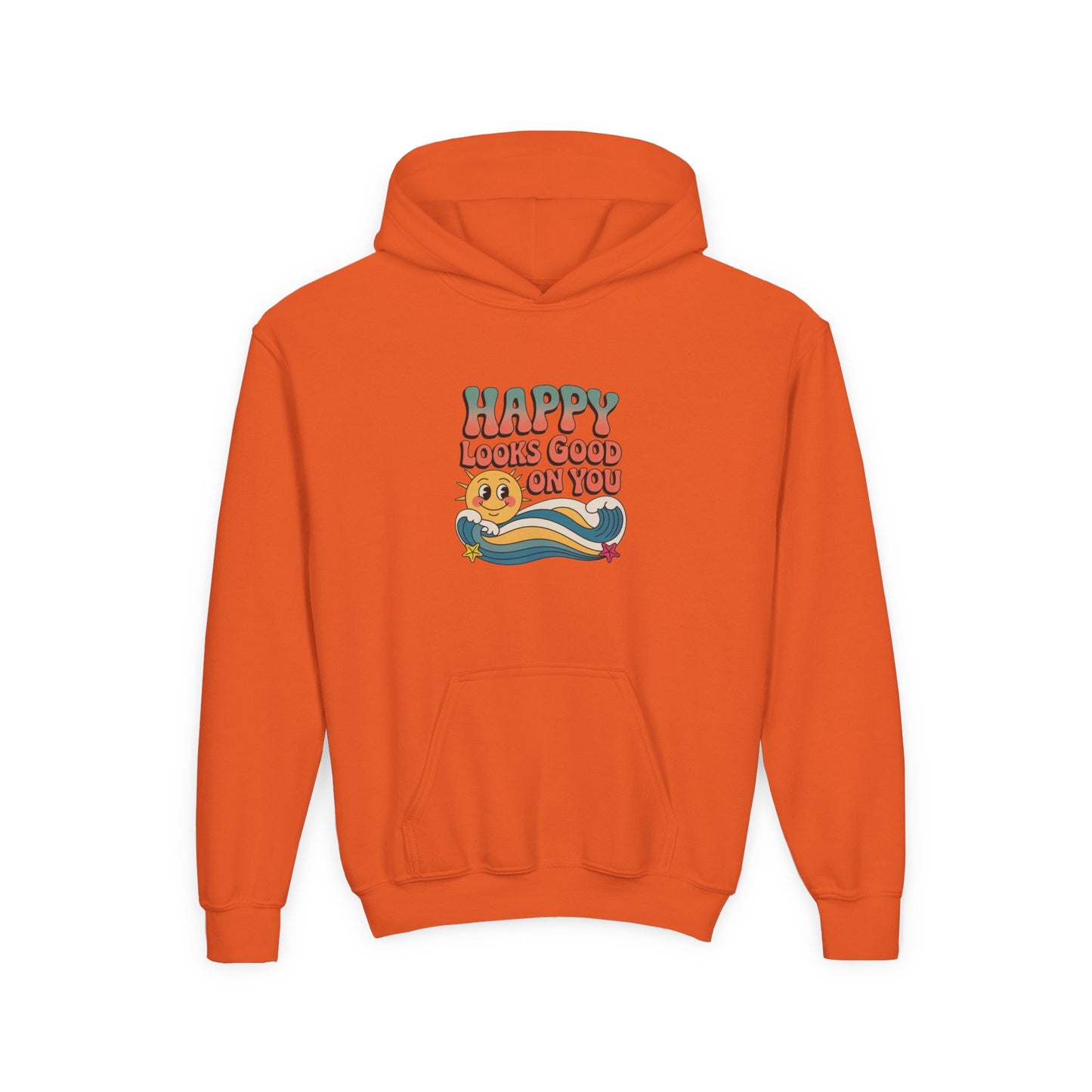 Youth Hoodie — "Happy Looks Good on You" Retro Sunburst Graphic