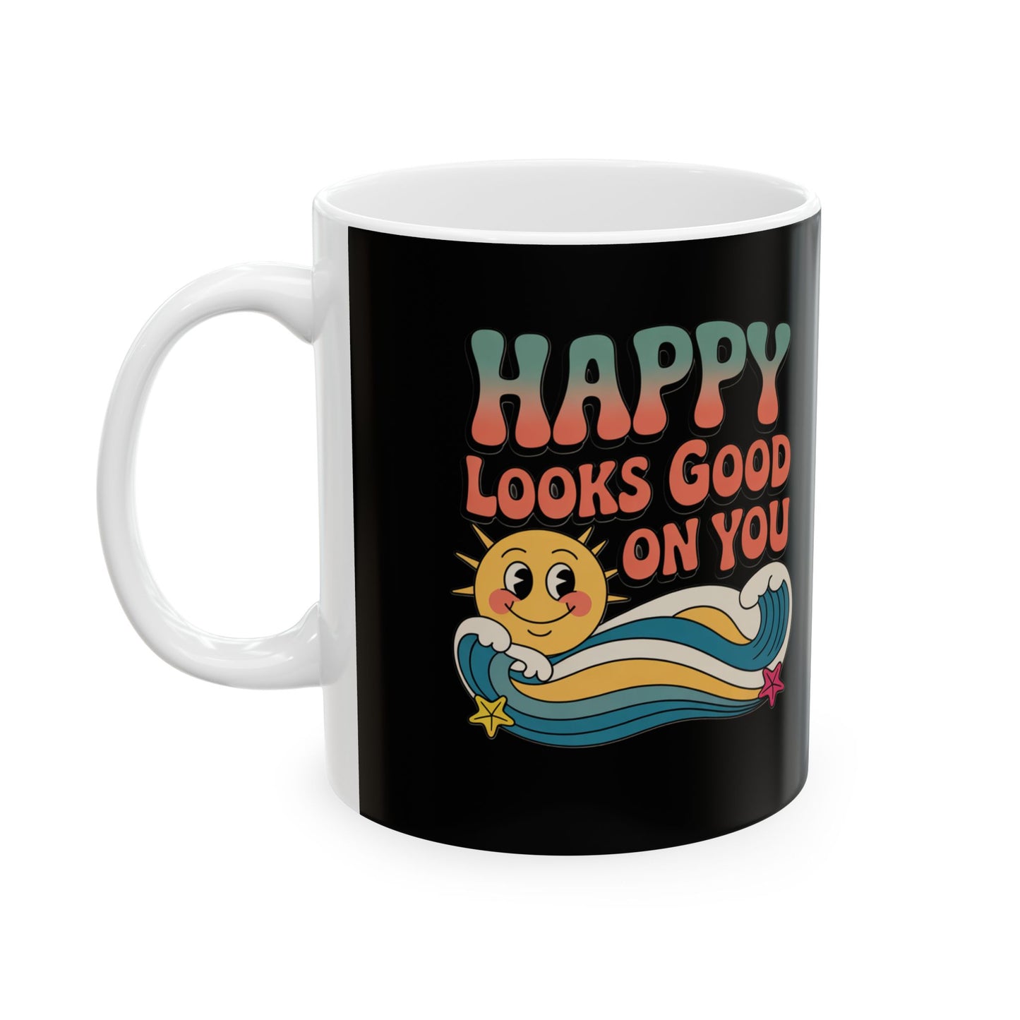 Retro 'Happy Looks Good on You' Ceramic Mug – 11oz & 15oz