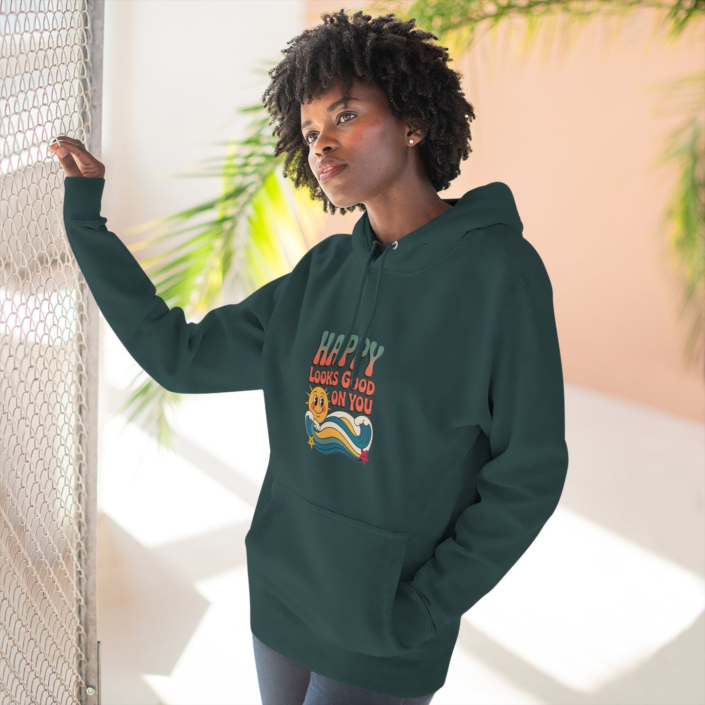 Happy Looks Good On You Hoodie — Retro Smiley Graphic Fleece Pullover