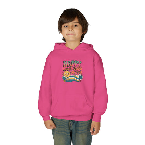 Youth Hoodie — "Happy Looks Good on You" Retro Sunburst Graphic